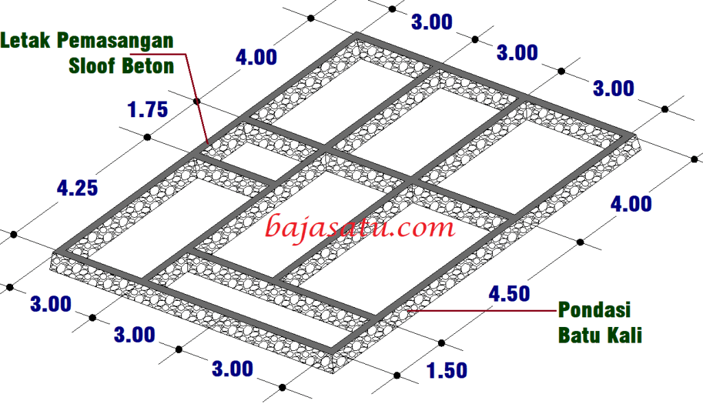 Perspektif denah pondasi batu belah untuk rumah 1 lantai